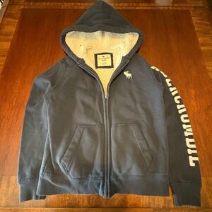 Abercrombie Kids Sherpa Lined Zip Hoodie Navy Logo Sleeve 11/12